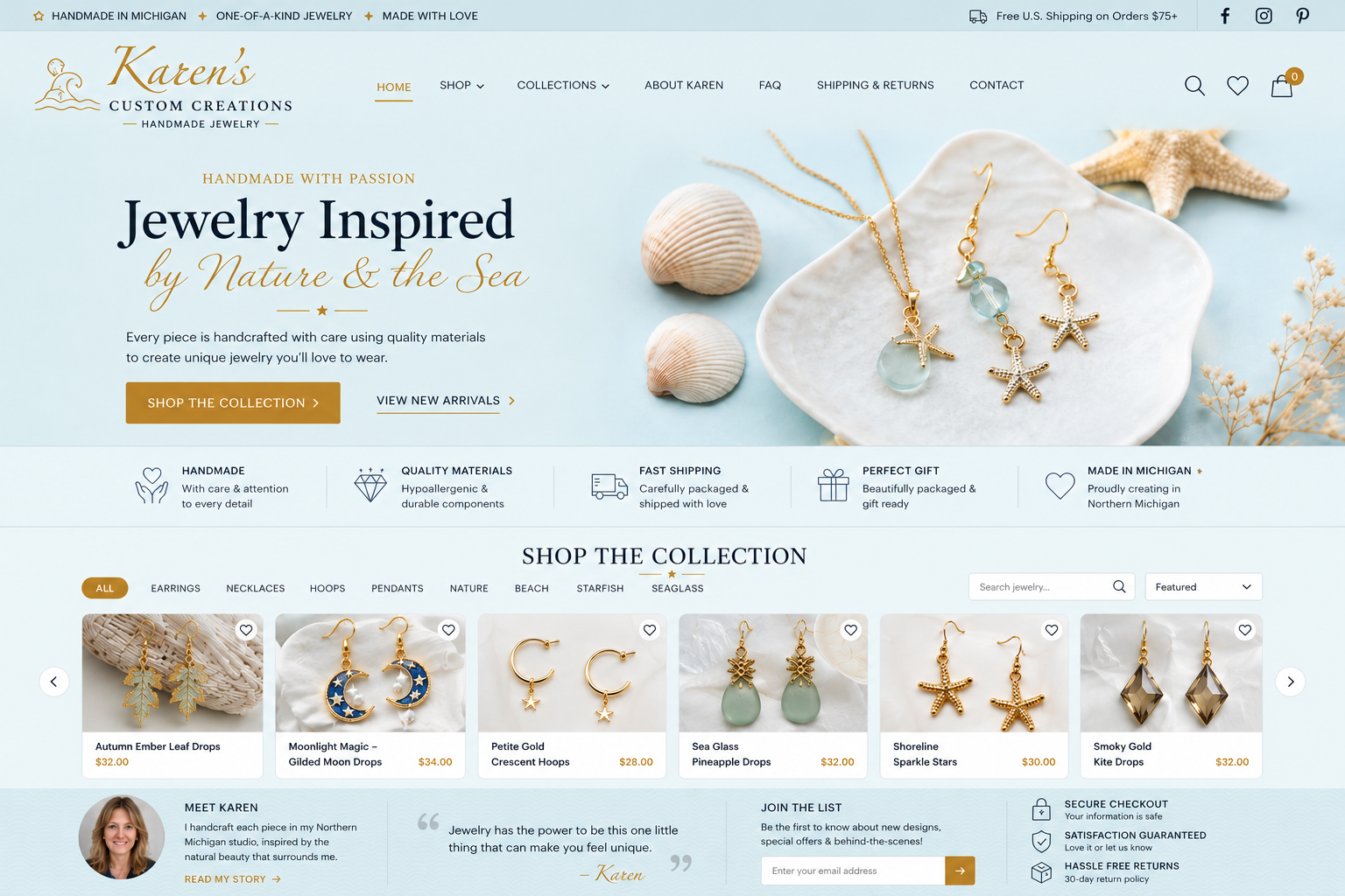 Sea-inspired handmade jewelry with shells and soft blue background
